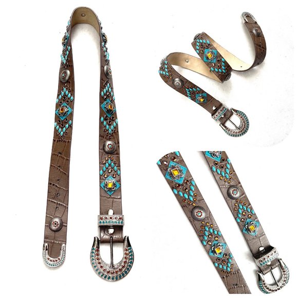 Rhinestones embellished Genuine Leather Western belt 34 - Picture 1 of 11